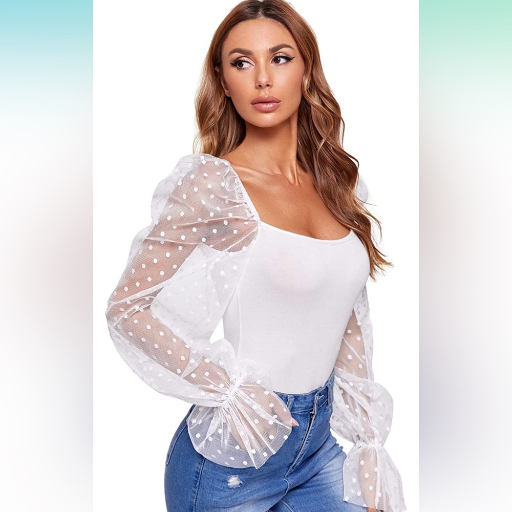 Polka Dots Sheer Mesh Square Neck Long Sleeve Bodysuit